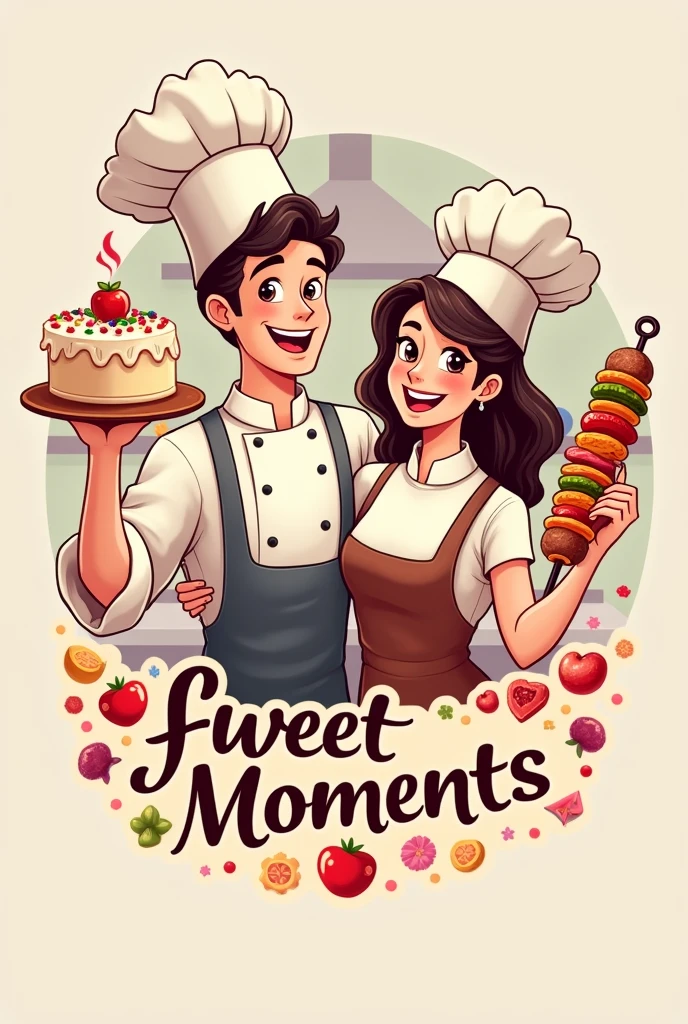 Logo of a young couple, a male and female chef, holding a cake and a skewer, for a fast food restaurant named Sweet Moments