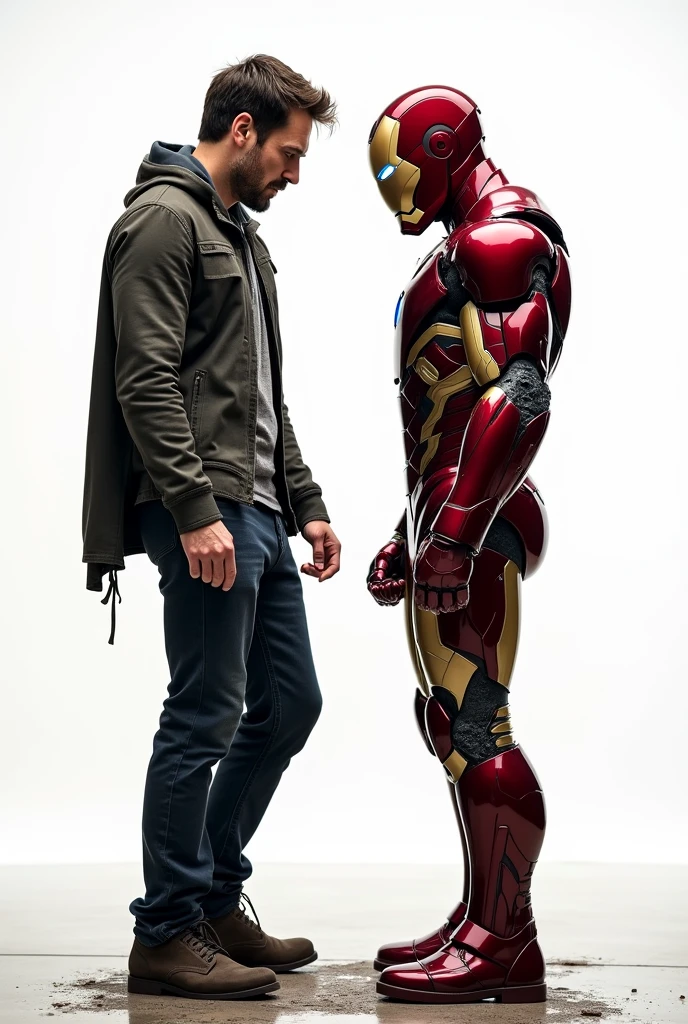 tony stark with torn clothes from fighting and iron man bumping backs looking at opposite places in profile, with fighting stances, full body
Drawing with white background