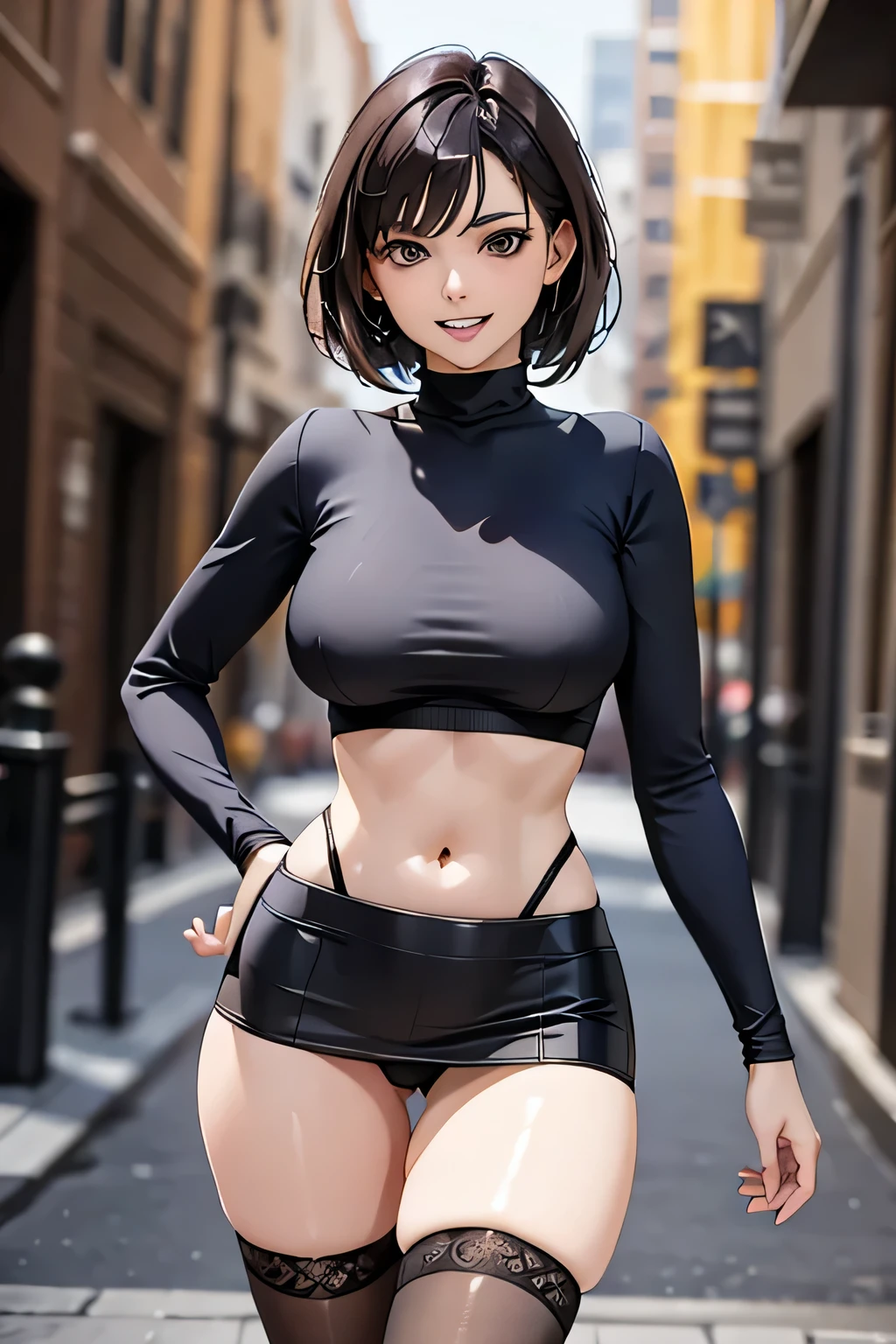 ((masterpiece)), ((Highest quality)), ((Complex)), ((Surreal)), (Realistic), (Mature Woman), ((No classes)), Very detailed, (1 female), Big Breasts, Beautiful and exquisite, (Beautiful Teeth), Grin, Brunette bob hair, Brown eyes, (Blue long turtleneck), (Brown tight mini skirt), ((Thighs)), (stockings), (background: underground), detailed background, Perfect Eyes, Captivating eyes, Looking at the audience, from before