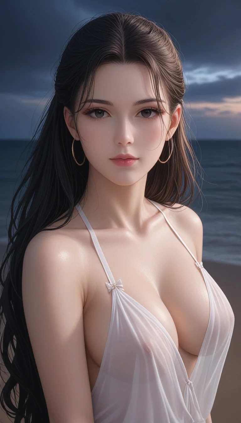 score_9, score_8_superior, score_7_superior, High-resolution CG illustration,A masterpiece in 32K resolution,Highest quality,it is really amazing,Very detailed,Ultra-high resolution,Ultra-realistic,Realistic,Increased depth of field,Cinematic lighting,
Sexy mature Japan woman,
Glossy black hair,Wavy long hair,Showing his forehead,god々Beautiful,Ultra-detailed and beautiful face,Sensual look,Beautiful dark brown, moist eyes,Pitch black eyes,Glowing, moisturized skin,Translucent white skin,born々New skin texture,Great proportions,
White ancient Roman Greek draped dress,
Wide open chest design,Detailed race decorations,詳細なborn地の質感,
A dark and blurry night background,Dark overcast sky on a dull night,Dark clouds filling the sky,Thundercloud,Coastline at night,Golden reflections on the sea surface,delay々A desolate sandy beach that continues,
Beautiful cleavage,Face close-up,High angle,