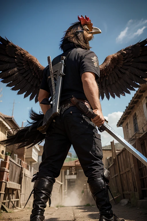 Make a rooster with machine guns and winged swords