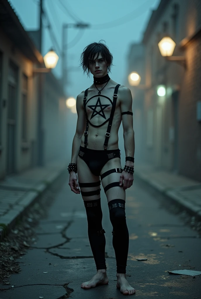 A young man Pale skin, black and empty eyes, black and disheveled hair wearing a sleeveless harness-style top with a pentagram design across his chest. The top is predominantly black, and the pentagram is made of straps that create a star shape over my torso. A pair of black briefs or short shorts with several straps and buckles around my thighs, adding to the harness theme, my legs are adorned with thigh-high stockings or straps that continue the strappy, bondage-inspired look. One of his legs also has a strap around the thigh connected to the outfit. Barefoot, with a collar around my neck, and a choker with a ring on it, which matches the overall aesthetic. My left arm is adorned with a spiked bracelet, and my right arm has a strap near the upper arm.