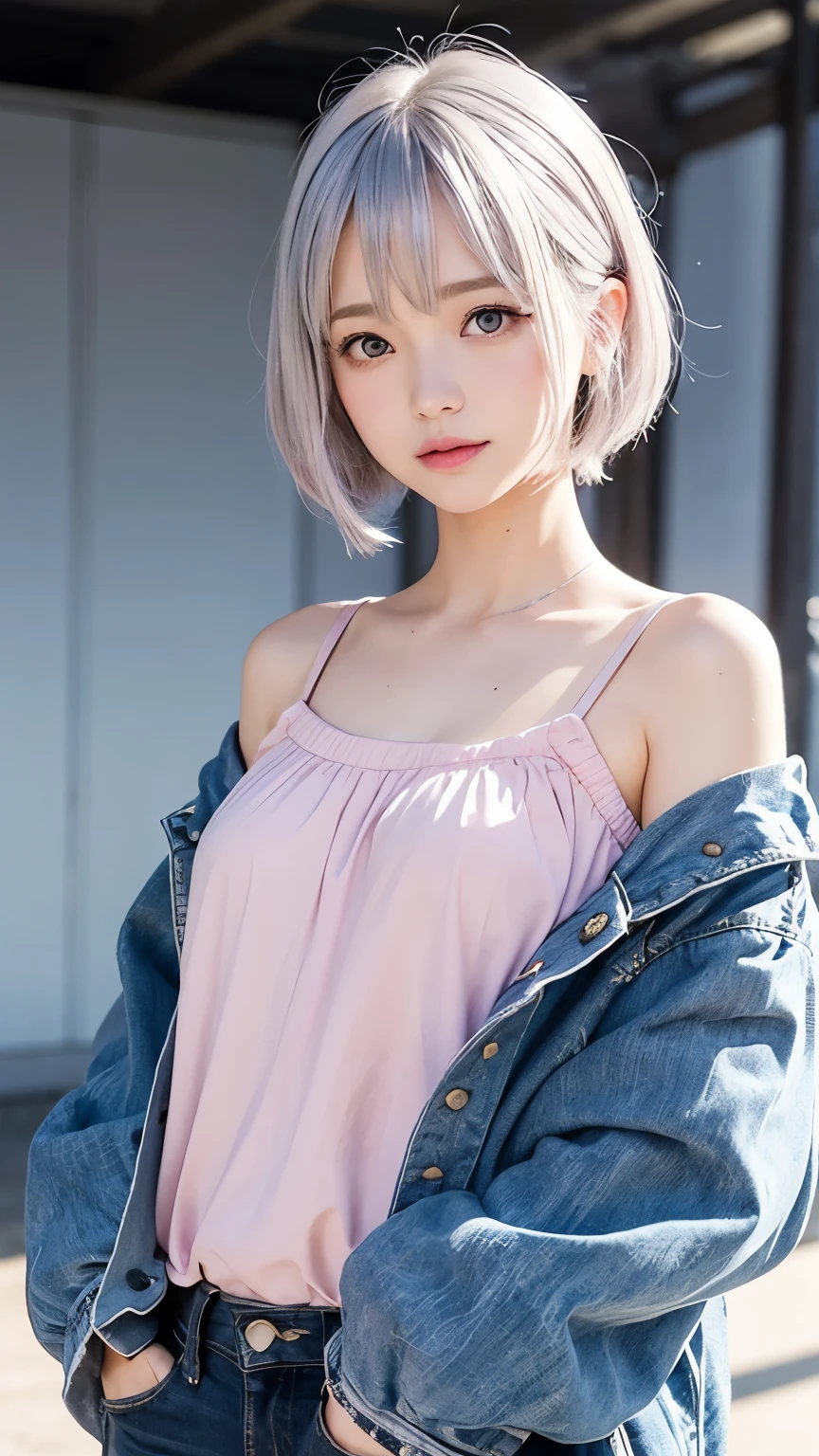 Cowboy Shot、cute, Exaggerated sparkling eyes, Watercolor ink-like rendering,Simple and beautifully tactile, Cartoon-style design, , Mostly calm blues and bright pinks,,,,,Silver hair with pink tips,Super short bob, cuteショートヘアスタイル, Fusing elements of shoujo manga and Harajuku fashion into clothing details, Subtle expressions conveying femininity and innocence, Upper body close-up, Gentle and vibrant watercolor style, Digital vector graphics,(((The background is blurred and I can't see anything:1.3)))