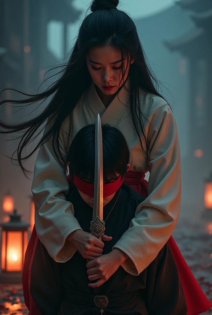 Korean sexy very beautiful woman, cutting throat of a boy ninja blindfold, bloody throat