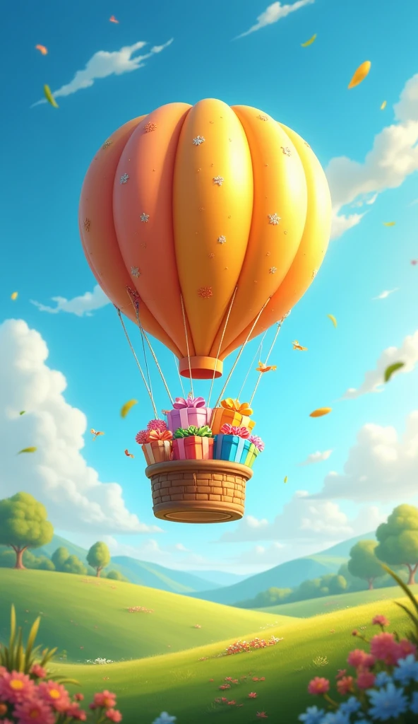 Hot air balloon with animated birthday presents inside