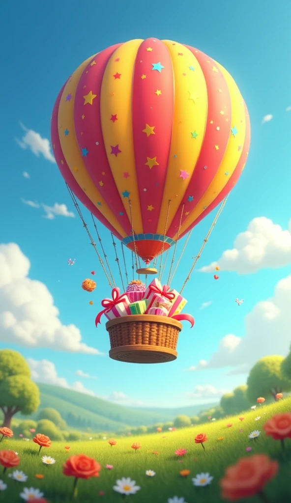 Hot air balloon with animated birthday presents inside