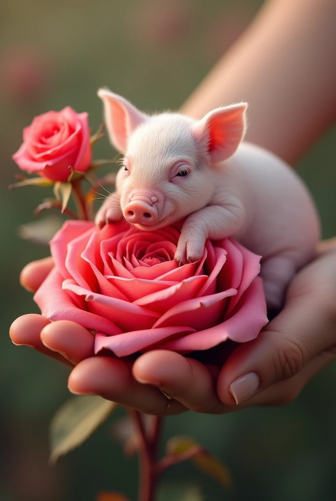 ((masterpiece,best quality,)),close up,side,A cute little pig lying on a rose,A sexy hand holding a rose