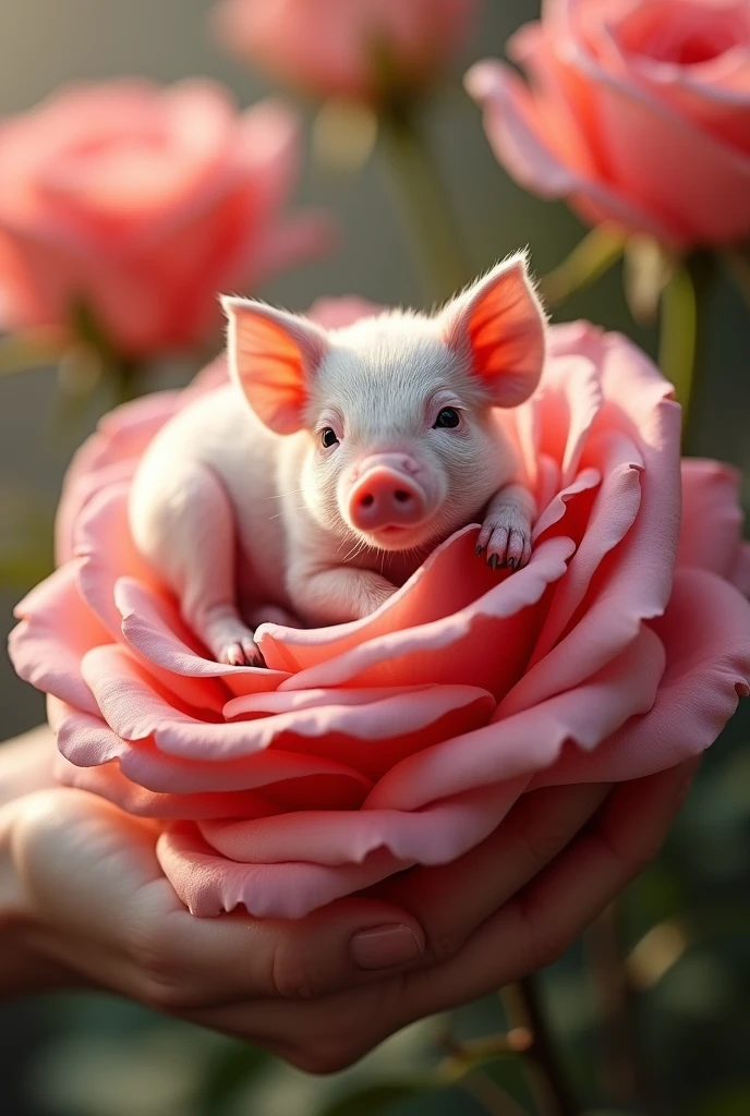 ((masterpiece,best quality,)),close up,side,A cute little pig lying on a rose,A sexy hand holding a rose