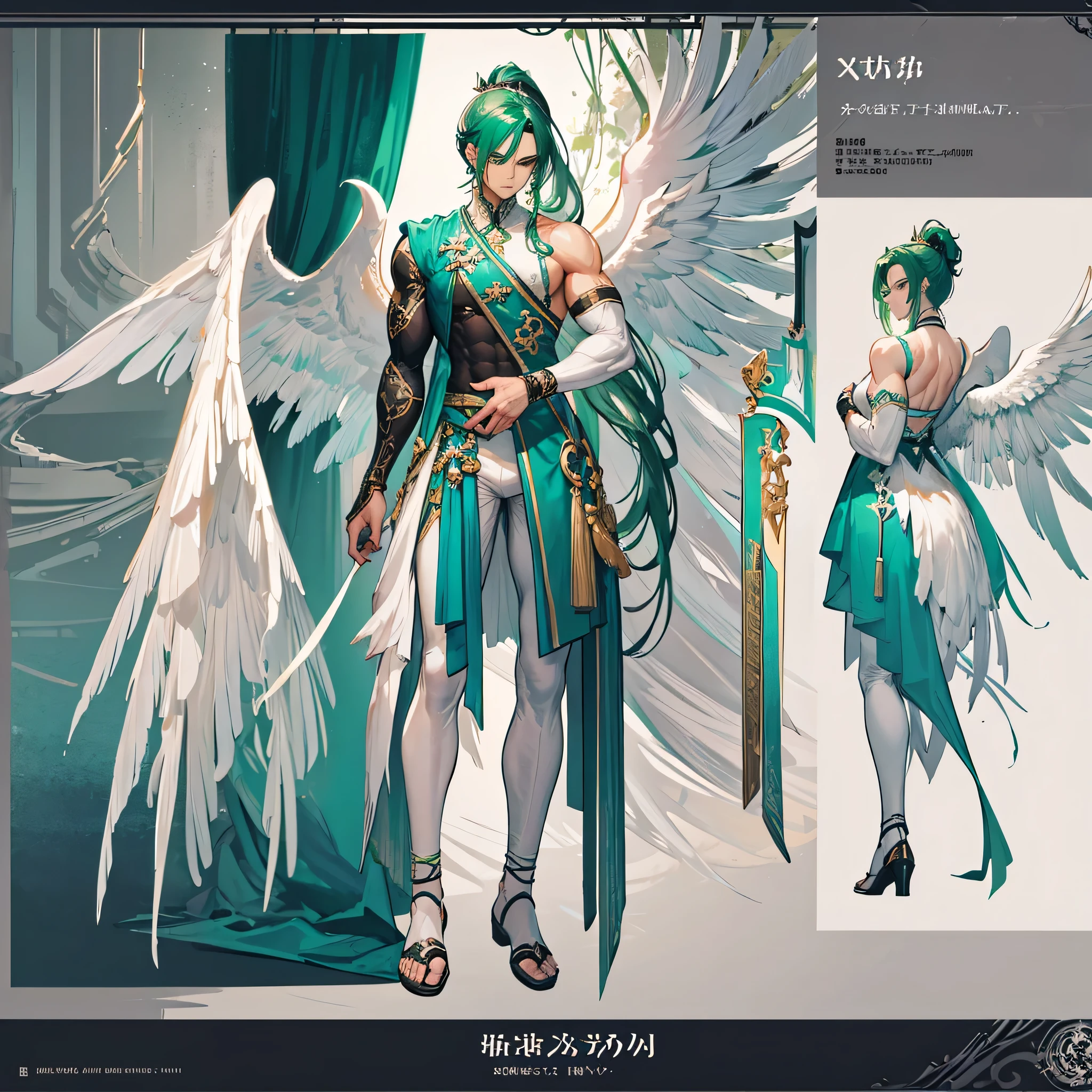(Masterpiece, best quality), detailed, 1 man, ((character concept art)), ((character design sheet, same character, front, side, back)), full body, body complete, 1 Male angel, 1 Man angel, Detailed face, character design sheet,full bodyesbian, Highly detailed, character sheet, character design, Many parts, dark skin, angel wings, long ponytail green hair, angel outfit, muscle male god, male clothes, masculine, muscle man, male muscle, manly, male angel, Muscle male with long ponytail green, hair,beautiful man, beautiful muscle man