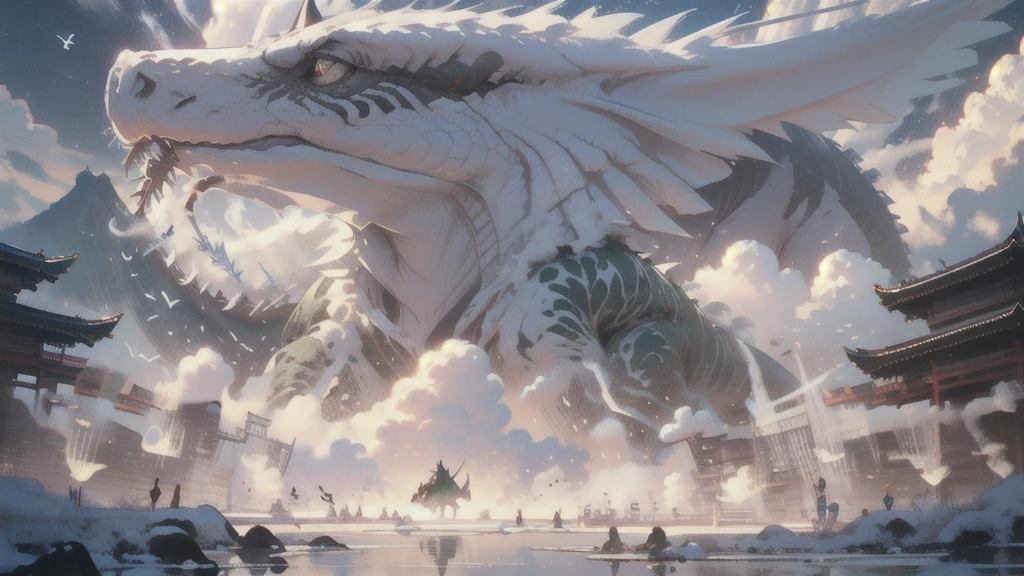 BJ_Sacgreen_bEast,green_eye,Outdoor,Horn,null,cloud,no_human,bird,cloudy_null,scenery,stage,Fantasy,Tyrannosaurus,architecture,East_Asian_architecture,Eastern_Tyrannosaurus,Cinema Lighting,Strong contrast,High level of detail,Highest quality,masterpiece,