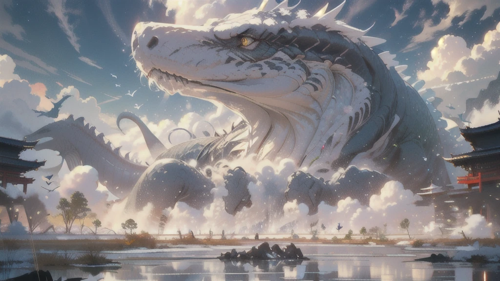 BJ_Sacgreen_bEast,green_eye,Outdoor,Horn,null,cloud,no_human,bird,cloudy_null,scenery,stage,Fantasy,Tyrannosaurus,architecture,East_Asian_architecture,Eastern_Tyrannosaurus,Cinema Lighting,Strong contrast,High level of detail,Highest quality,masterpiece,