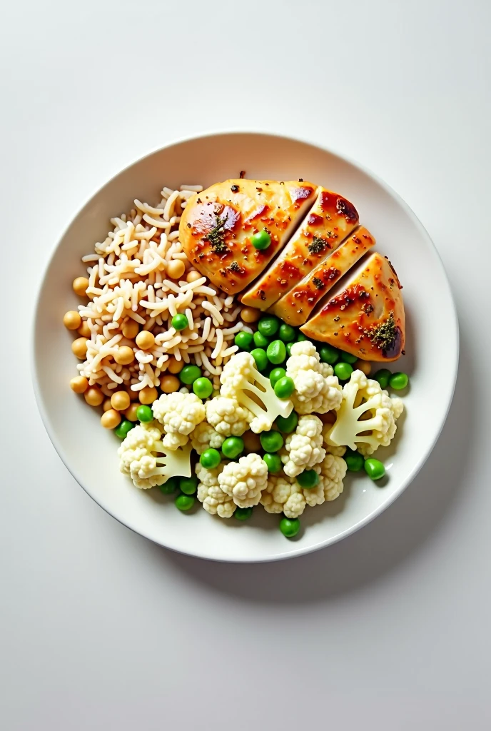 A healthy meal with a small portion of brown rice next to a small portion of chickpeas, with cabbage salad with cauliflower and peas and not so fatty chicken breast, The photo needs to have a top angle and needs to be assembled very simply.

