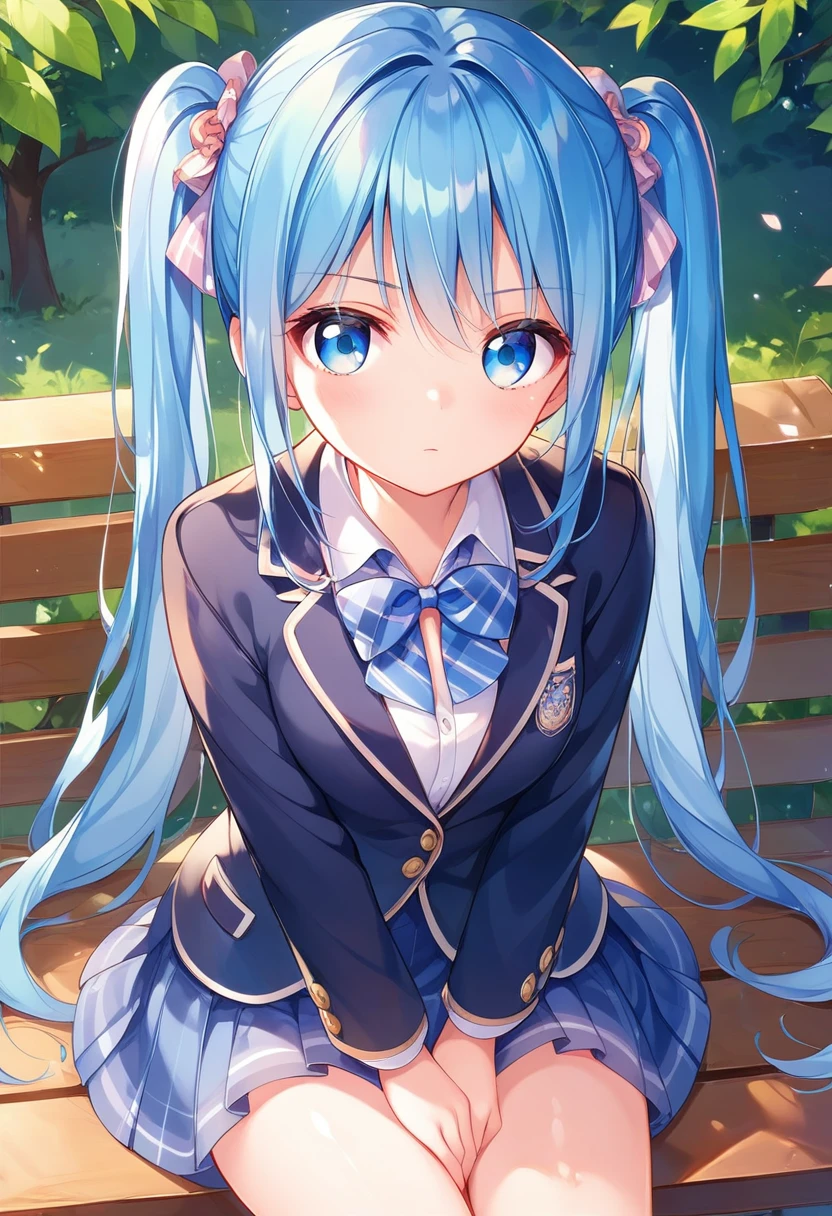 A dazed feeling,Blue hair twintails、Blue eyes、Slanted Eyes、Normal chest、Playing a handheld game on a park bench、
Serious expression、beautiful girl、Wearing a blazer uniform、Cute high school girl