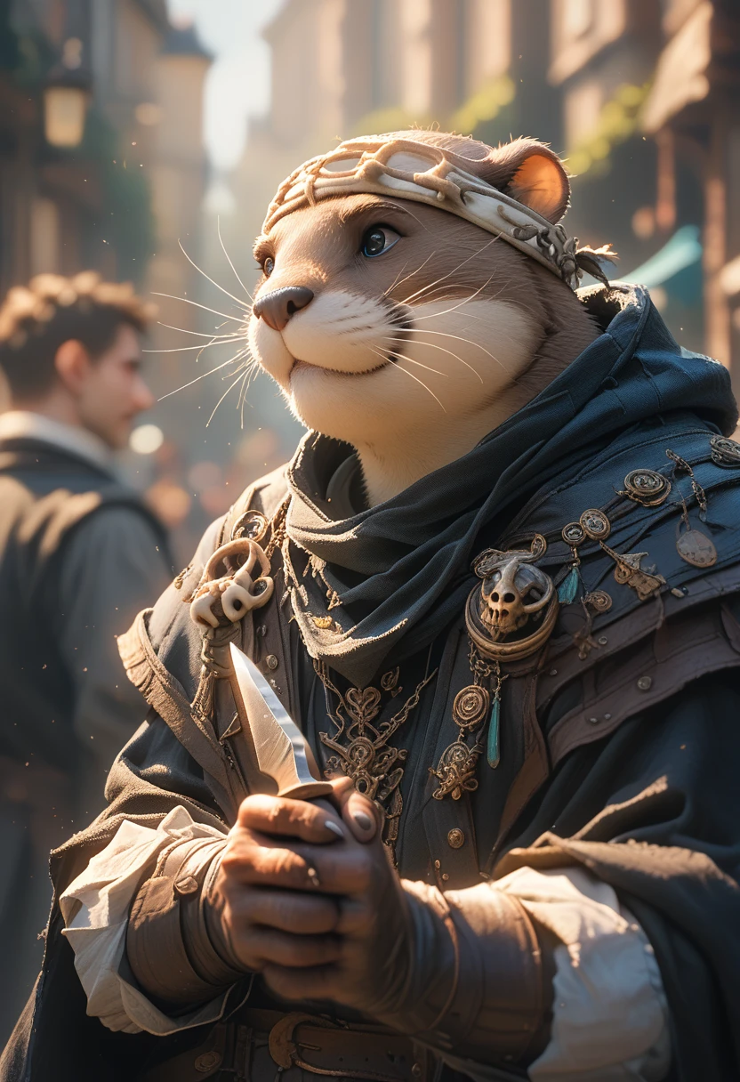 (((Pretty, good quality))), score_9, score_8_most, score_7_most, square, boy, brown white otter, small, wears a sleeveless coat, villain, Fishbone decorated headband, knife in mouth, fantasy, medieval times, blurred background, dark side street