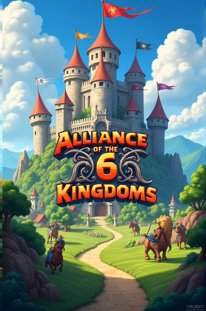 Jogo Clash of Clans , a castle in the background , in the central part of the image written : Alliance of the 6 kingdoms