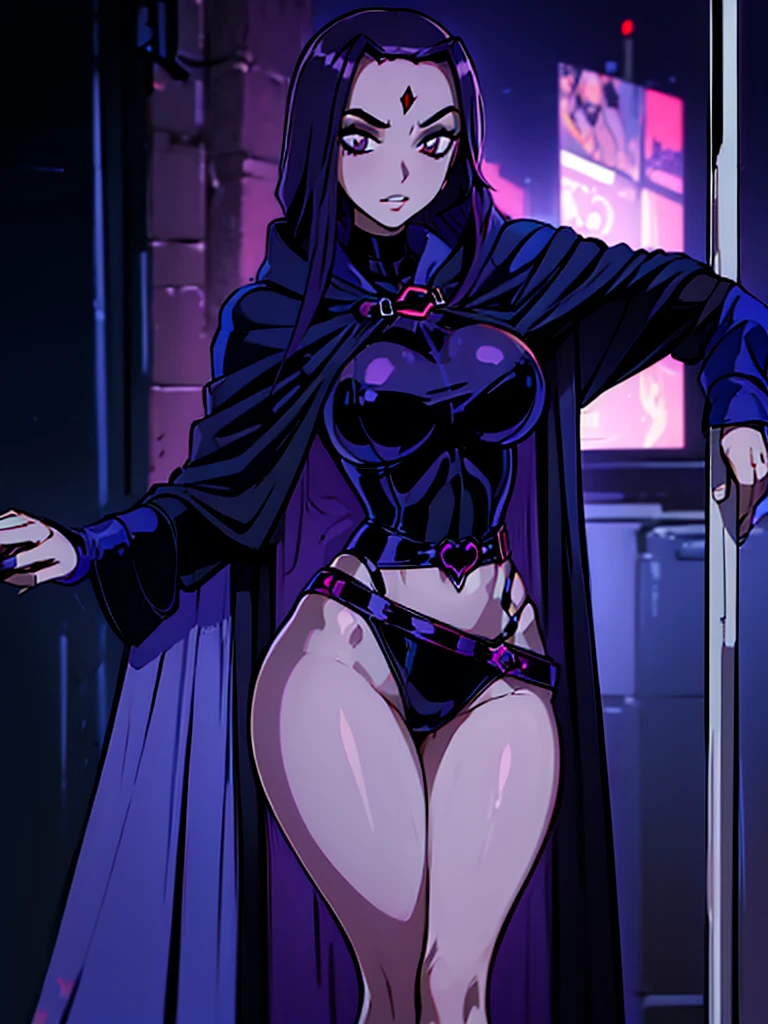 (Retaining post:1.4),Shadraven,lips,collant preto,waist belt,blue robe,ashen skin,blue cloak,cabelo roxo,red jewel on forehead,waist belt,Raven \(CC\),(pole dancing plum lights,cyber punk,night club:1.2)