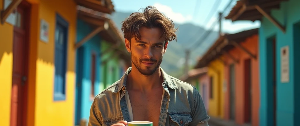 Man, beautiful, attractive face, hazel eyes, perfect jaw and chin, muscular, defined, attractive body , wearing a dirty, torn shirt , rebellious brown hair, sun-burnt , in the Brazilian favela , with houses from Brazil , it's on the gate wall having coffee at the farm, pleasant afternoon , closed smile, eyes shining with tears, Gratitude , hot coffee chicara