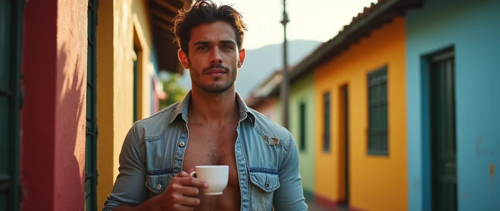 Man, beautiful, attractive face, hazel eyes, perfect jaw and chin, muscular, defined, attractive body , wearing a dirty, torn shirt , rebellious brown hair, sun-burnt , in the Brazilian favela , with houses from Brazil , it's on the gate wall having coffee at the farm, pleasant afternoon , closed smile, eyes shining with tears, Gratitude , hot coffee chicara 