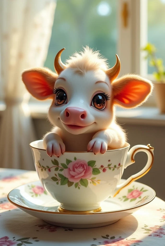((masterpiece,best quality,)),close up,side,A cute little cow placed in a teacup,Sexy holding a teacup