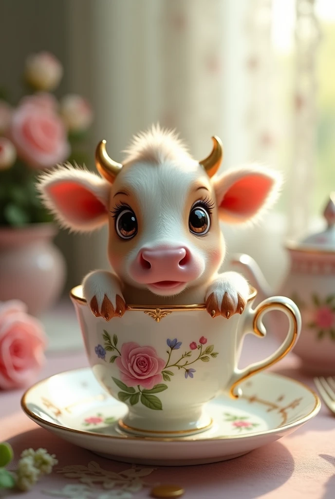 ((masterpiece,best quality,)),close up,side,A cute little cow placed in a teacup,Sexy holding a teacup