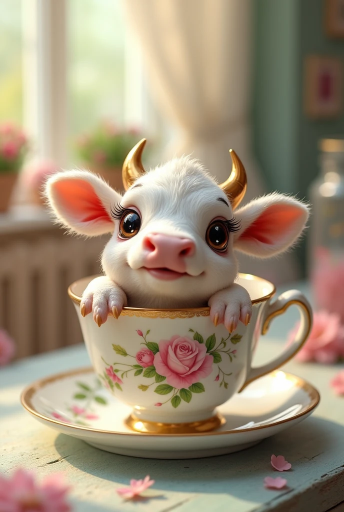 ((masterpiece,best quality,）），close up，side，A cute little cow placed in a teacup，Sexy holding a teacup