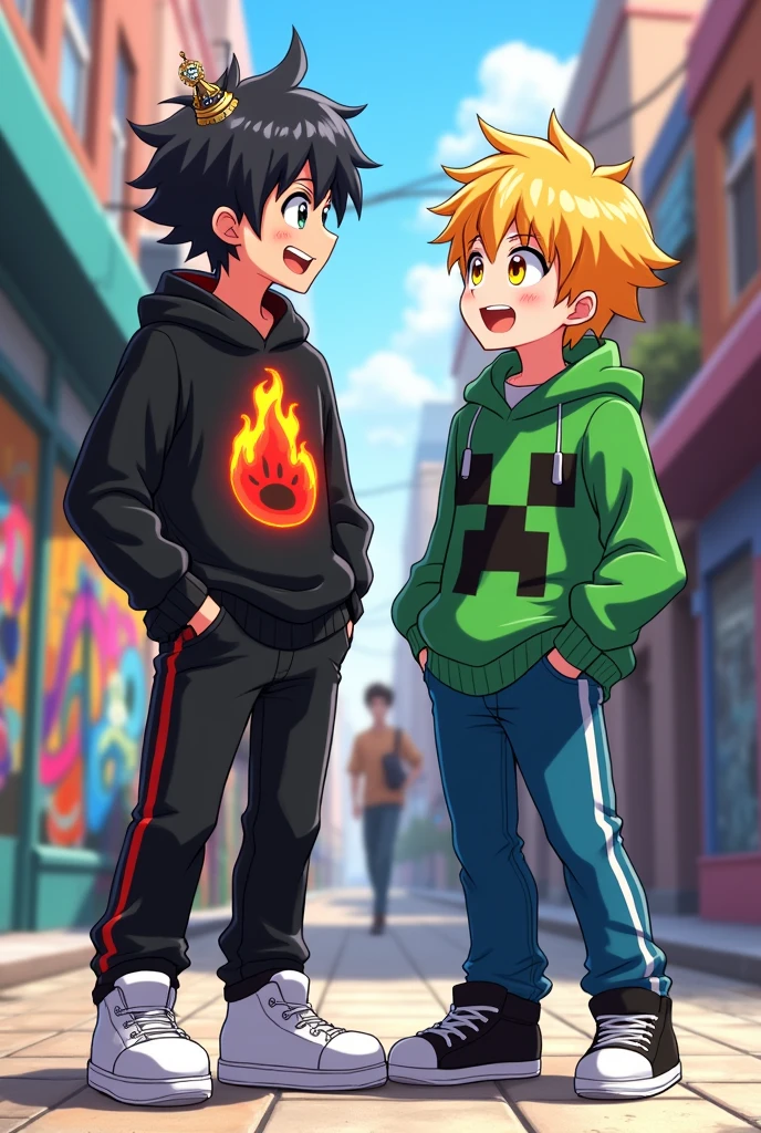 A cute anime boy with black hair and a crown, wearing a black sweater with a red, orange, and yellow fire logo and rainbow stripes on the sides.. Black pants with white stripes on the sides and white shoes chatting with an anime boy with yellow eyes, yellow hair wearing a green creeper sweater with blue pants and black shoes. 