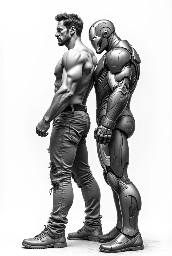 Tony Stark, with his battle-torn clothes, and Iron Man, leaning against each other, looking in opposite directions in profile., with fighting stances, full body

Drawing with white background 
