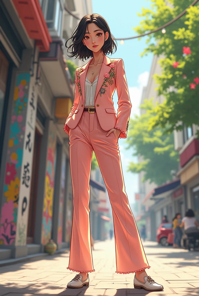 A chic and beautiful manhwa-style outfit for someone who is 154 CM tall and weighs 55 kg