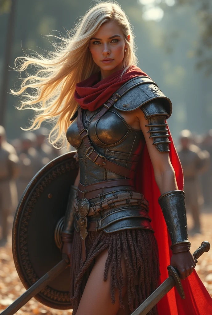 ((masterpiece, Highest quality, Best image quality, High resolution, Realistic, RAW Photos, 8k)), ((Highly detailed CG synthesis 8k wallpaper)), (Huge and stunning goddess shot, Very hot and sexy, Incredible beauty, Perfect Proportions, Beautiful body, Slim body beauty:1.4), Arafed woman in armor holding sword and shield, Portrait of a savage woman画, north Female Warrior, Very beautiful berserker woman, north adult Female Warrior, Female Barbarian, Female Warrior, Portrait of a savage woman, 野蛮なFemale Warrior, very beautiful Female Barbarian, Barbarian Class, Portrait of a Female Warrior, RPG portrait concept art, (Beautiful warrior, Carrying a dagger and a small shield, Wearing a red scarf, Leather Armor), (Blonde, blue eyes, Dark Skin), (amphitheater, Fighting while being watched by the crowd, Motion Blur), Movie Posters, big "unlimited" It's written at the bottom of the screen,