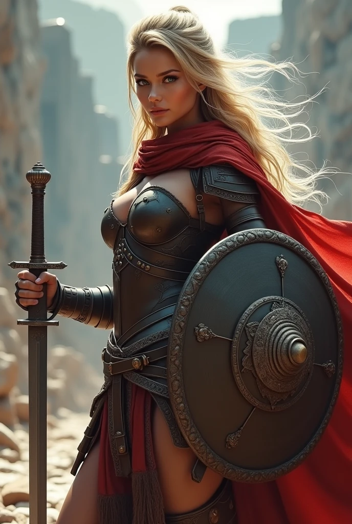 ((masterpiece, Highest quality, Best image quality, High resolution, Realistic, RAW Photos, 8k)), ((Highly detailed CG synthesis 8k wallpaper)), (Huge and stunning goddess shot, Very hot and sexy, Incredible beauty, Perfect Proportions, Beautiful body, Slim body beauty:1.4), Arafed woman in armor holding sword and shield, Portrait of a savage woman画, north Female Warrior, Very beautiful berserker woman, north adult Female Warrior, Female Barbarian, Female Warrior, Portrait of a savage woman, 野蛮なFemale Warrior, very beautiful Female Barbarian, Barbarian Class, Portrait of a Female Warrior, RPG portrait concept art, (Beautiful warrior, Carrying a dagger and a small shield, Wearing a red scarf, Leather Armor), (Blonde, blue eyes, Dark Skin), (amphitheater, Fighting while being watched by the crowd, Motion Blur), Movie Posters, big "unlimited" It's written at the bottom of the screen,