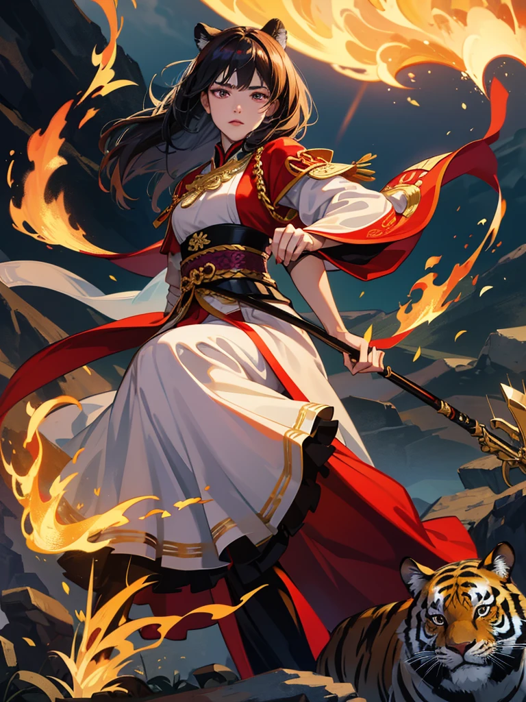 
A full-bodied image of a young Chinese warrior, gracefully wielding a long spear. This spear was made of golden ore and adorned with a deep red cloth.,His hanfu robes were purple and gold, intricately embroidered, fluttering gracefully in the wind., She has a background of an ancient city wall in a great literary work, with a Bengal tiger protecting her., This image looks epic., She gazes forward with determination, a fantasy photograph with smoke and leaves swirling in the breeze.