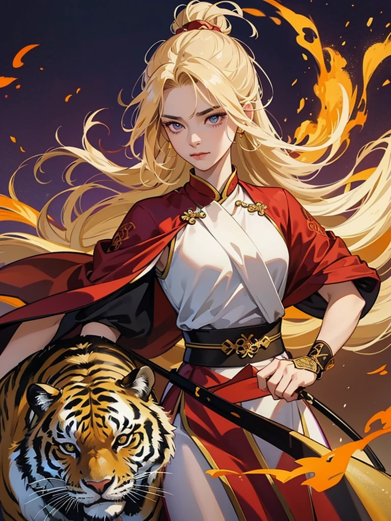 A full-bodied image of a young Chinese warrior, gracefully wielding a long spear. This spear was made of golden ore and adorned with a deep red cloth.,His hanfu robes were purple and gold, intricately embroidered, fluttering gracefully in the wind., She has a background of an ancient city wall in a great literary work, with a Bengal tiger protecting her., This image looks epic., She gazes forward with determination, a fantasy photograph with smoke and leaves swirling in the breeze.
