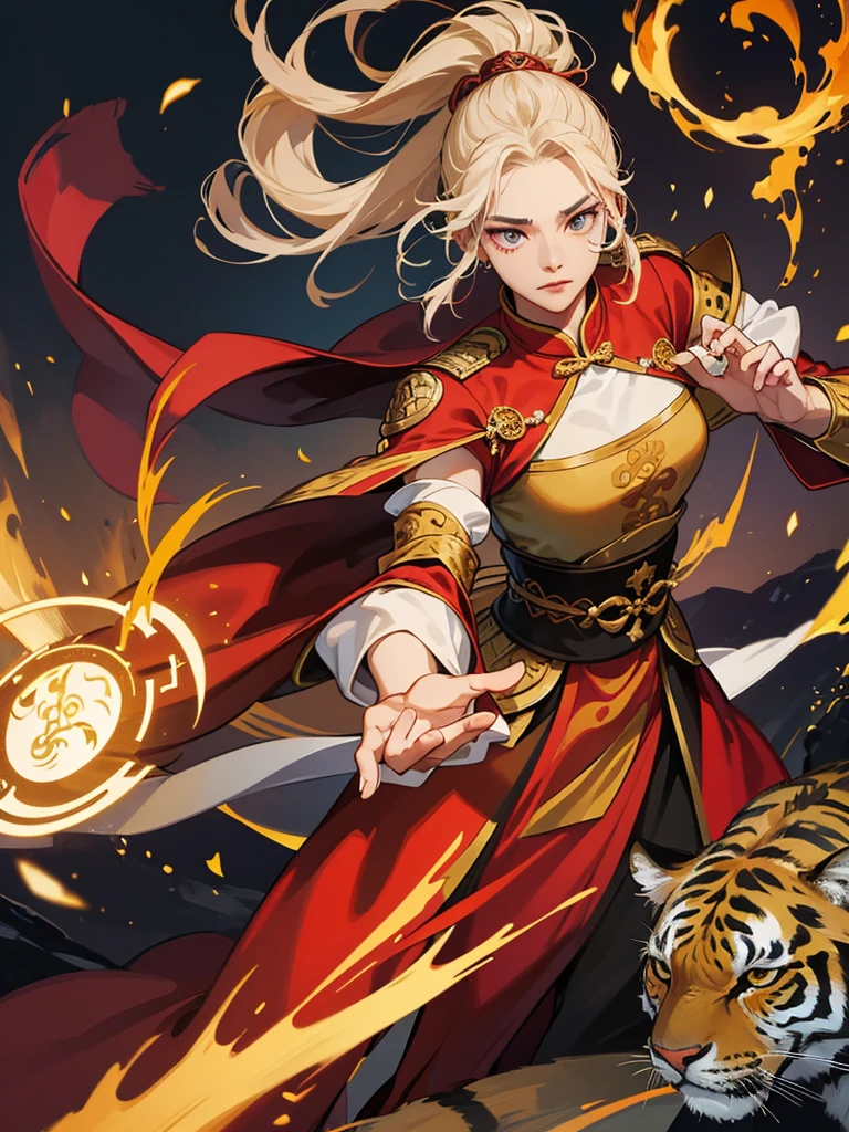 
A full-bodied image of a young Chinese warrior, gracefully wielding a long spear. This spear was made of golden ore and adorned with a deep red cloth.,His hanfu robes were purple and gold, intricately embroidered, fluttering gracefully in the wind., She has a background of an ancient city wall in a great literary work, with a Bengal tiger protecting her., This image looks epic., She gazes forward with determination, a fantasy photograph with smoke and leaves swirling in the breeze.