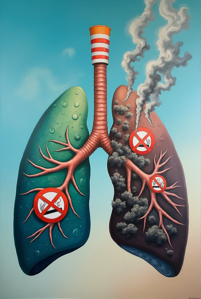 Generate a lungs, the right side lungs is healthy vibrant color surrounded with fresh air. On the left side make the lungs damage or pollution of elements and color in smoking. Add some symbols of no smoking in the left lungs, and add some clean green fresh air in the right side lungs. And add more details about it.