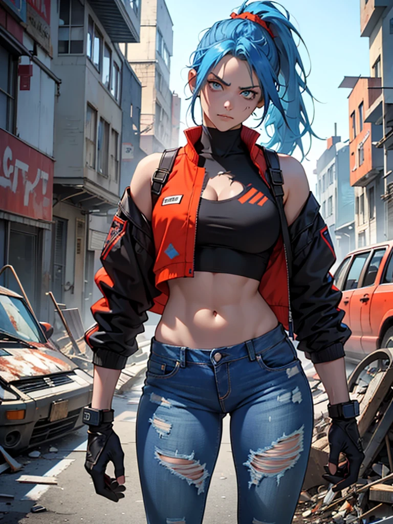 a girl with blue hair in a ponytail, blue eyes, stern look, commanding posture, wearing blue tight jeans and clothes in red, blue, white and gray, black colors, slightly reddish skin, standing in front of destroyed houses in New York with an orange and blue theme, a zombie wearing clothes of the same colors in the background