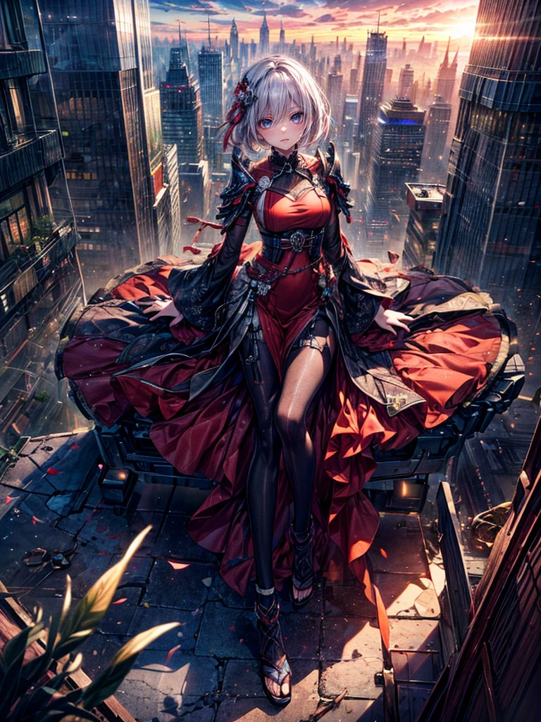 High resolution, Winner of numerous awards, Ultra high definition, Textured skin, Retina,
masterpiece,(bestquality),highlydetailed,ultra-detailed,1girl, (A composition where a girl:1.4)(A crimson red dress blended with mechanical parts:1.2)(Modern landscape:1.2,natural lighting:1.5,confidentexpression),(Rooftop)(panorama:1.2),smile,angle、chrome,raw(A beautiful girl with pink hair in a short cut:)(Hands and feet are mechanical parts)(The look of temptation)(Asahi、Beautiful sunrise:1.2)(Modern Japanese buildings)