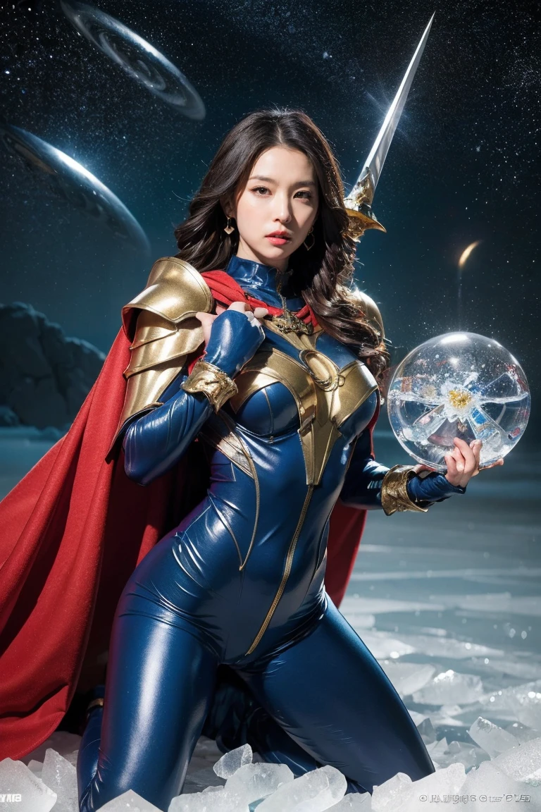 Highest quality, masterpiece, Realistic, High resolution, 8K RAW Photos, 1 person、Long Hair、goddess、Has a decorated sword、Raise your sword、((Glamour body:1.3))、(Blue bodysuit with ice motif、Gold Edge、Red Cape)、Silver Pendant、Silver earrings、(((Action pose)))、(On the ice of a planet where Mercury is visible)、(Many ice crystals floating in the starry sky）、Tentacle Shield、Tentacle Missile、Tentacle Sword、Tentacle Armor、Octopus、attack with tentacles
