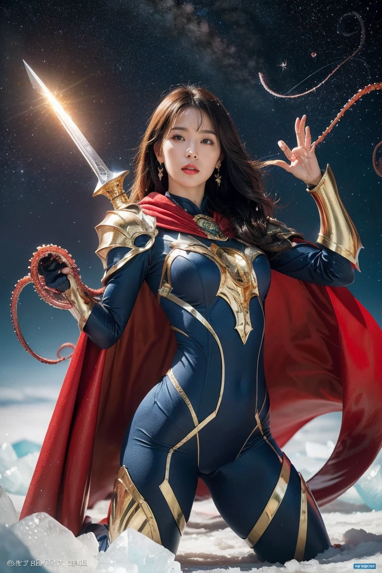 Highest quality, masterpiece, Realistic, High resolution, 8K RAW Photos, 1 person、Long Hair、goddess、Has a decorated sword、Raise your sword、((Glamour body:1.3))、(Blue bodysuit with ice motif、Gold Edge、Red Cape)、Silver Pendant、Silver earrings、(((Action pose)))、(On the ice of a planet where Mercury is visible)、(Many ice crystals floating in the starry sky)、Tentacle Shield、Tentacle Missile、Tentacle Sword、Tentacle Armor、Octopus、attack with tentacles