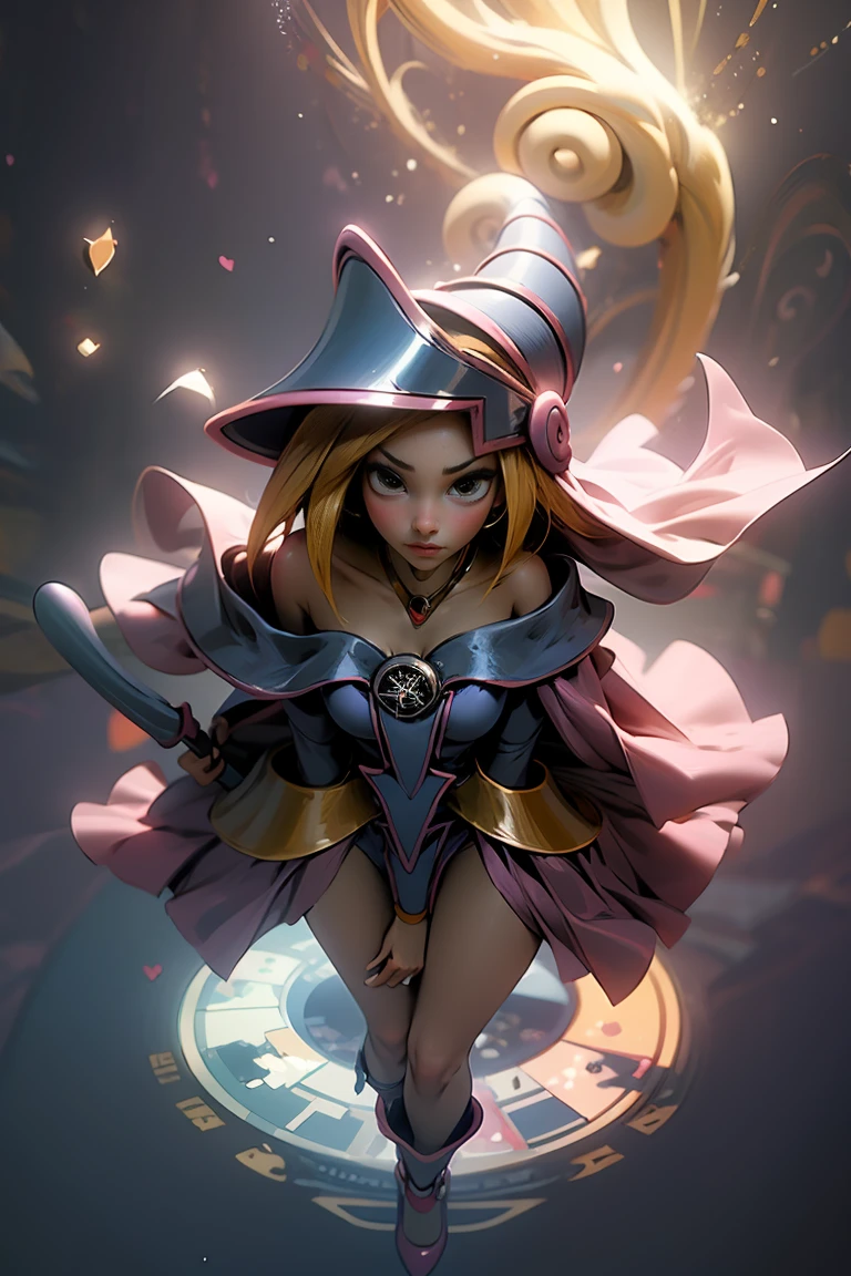 (masterpiece:1.2), (The best quality:1.2), perfect lighting, Dark Magician Girl casting a spell, floating in the air, big , neckline, magic background. Transparent hearts in the air, blue robe, big hat, from above, Sparkles, Yugioh Card in the background