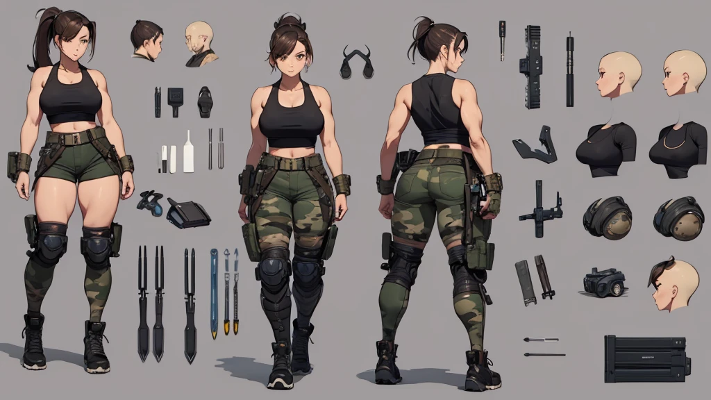 A woman, 20 years old, ponytail, medium hair, aesthetic body, thick thigs, stylish, mechanic, mechanic clothes, muscular legs, desert camo, big , tank top, shorts, futuristic, Chun-li legs, military pants, elbow pad, knee pad, tools, tech equipment, tool belt, various angles, (front, back, side), character sheet, model sheet, reference sheet.