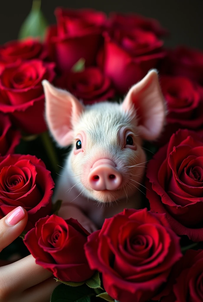 ((masterpiece,best quality,)),close up,side,A cute little pig placed on a bouquet of red roses,A sexy hand holding a rose