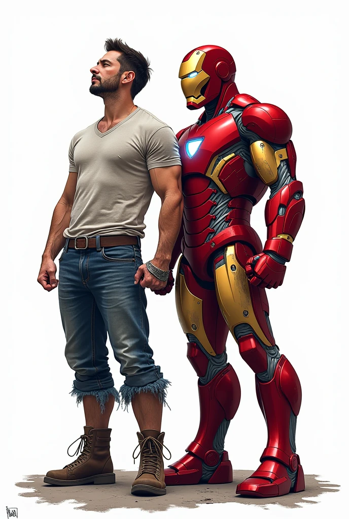 Tony Stark, with his battle-torn clothes, and Iron Man, leaning against each other, looking in opposite directions in profile., with fighting stances, full body
Drawing with white background