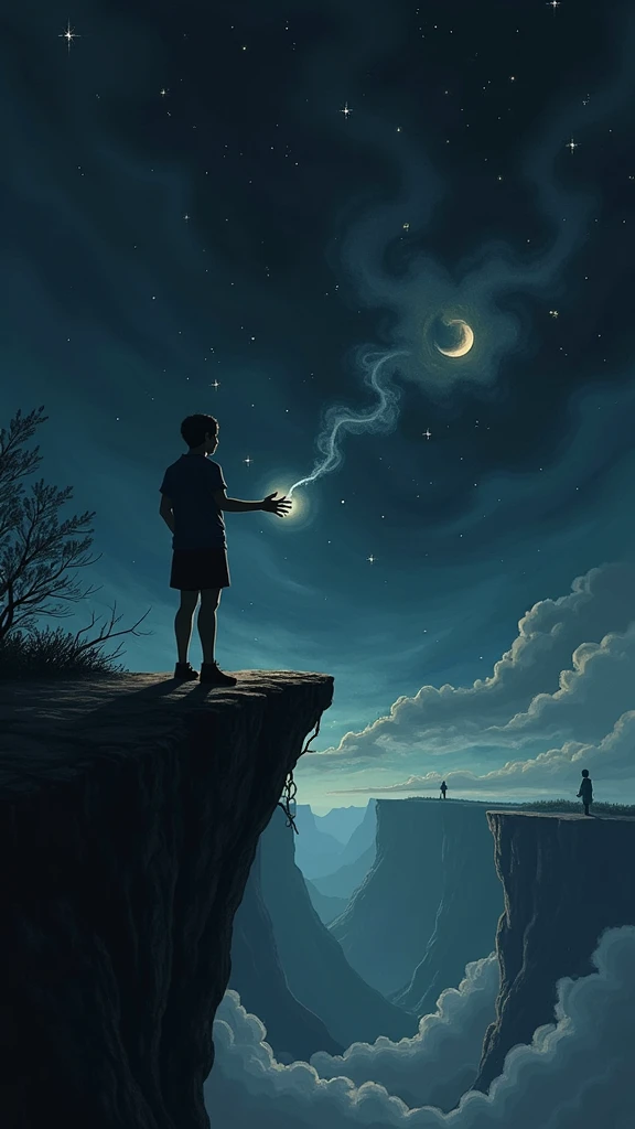 A deeply emotional and surreal illustration capturing the essence of heartbreak and separation. The scene is set on the edge of a towering cliff, with a figure standing alone, looking out into a vast, dark abyss. The figure, representing the singer, is partially in shadow, symbolizing the emotional pain and confusion. Their hand is outstretched, as if reaching for someone who has already let go, with the faint silhouette of a distant figure fading away in the background, symbolizing the lost connection.

Above the abyss, a vast night sky is filled with swirling dark clouds, reflecting the inner turmoil. In the sky, faint outlines of memories are visible—two hands once held together, now separated, echoing the lyrics. The stars are dim, as if the light has been drained from the world.

In the foreground, there is a bookshelf with a heart encased in glass, symbolizing the love that has been 'put on a shelf.' The heart is cracked, and vines have begun to grow around it, signifying the passage of time and the process of letting go.

A single tear falls from the figure’s eye, transforming into a small river that flows off the edge of the cliff, representing the lingering sadness. In the distance, a path can be seen leading away from the cliff, symbolizing the journey the figure must now take alone.
