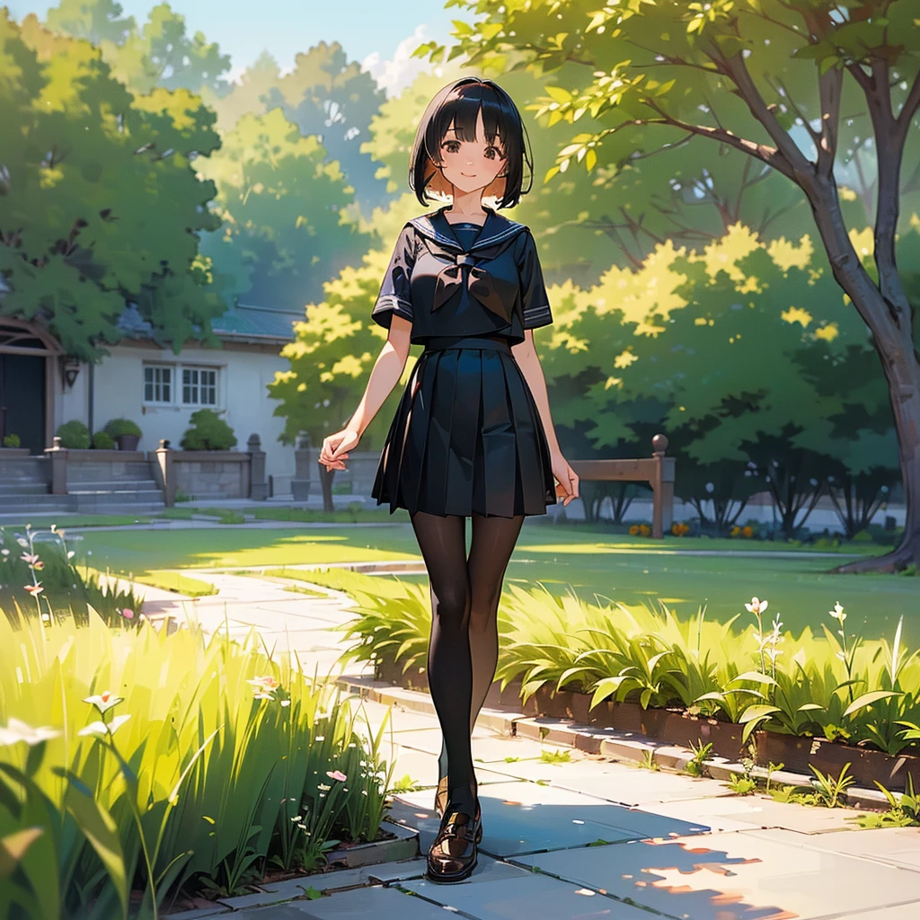 (Highest quality, High resolution, Very detailed, Realistic:1.37), Peaceful atmosphere, (Outdoor, garden), Teenage girl standing alone, Beautiful and detailed features, Cute Smile, ((Black bob hair)),Short-sleeved sailor uniform, Pleated skirt,Black tights,Brown leather shoes.