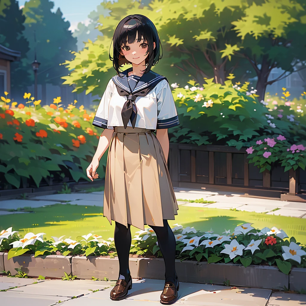 (Highest quality, High resolution, Very detailed, Realistic:1.37), Peaceful atmosphere, (Outdoor, garden), Teenage girl standing alone, Beautiful and detailed features, Cute Smile, ((Black bob hair)),Short-sleeved sailor uniform, Pleated skirt,Black tights,Brown leather shoes.