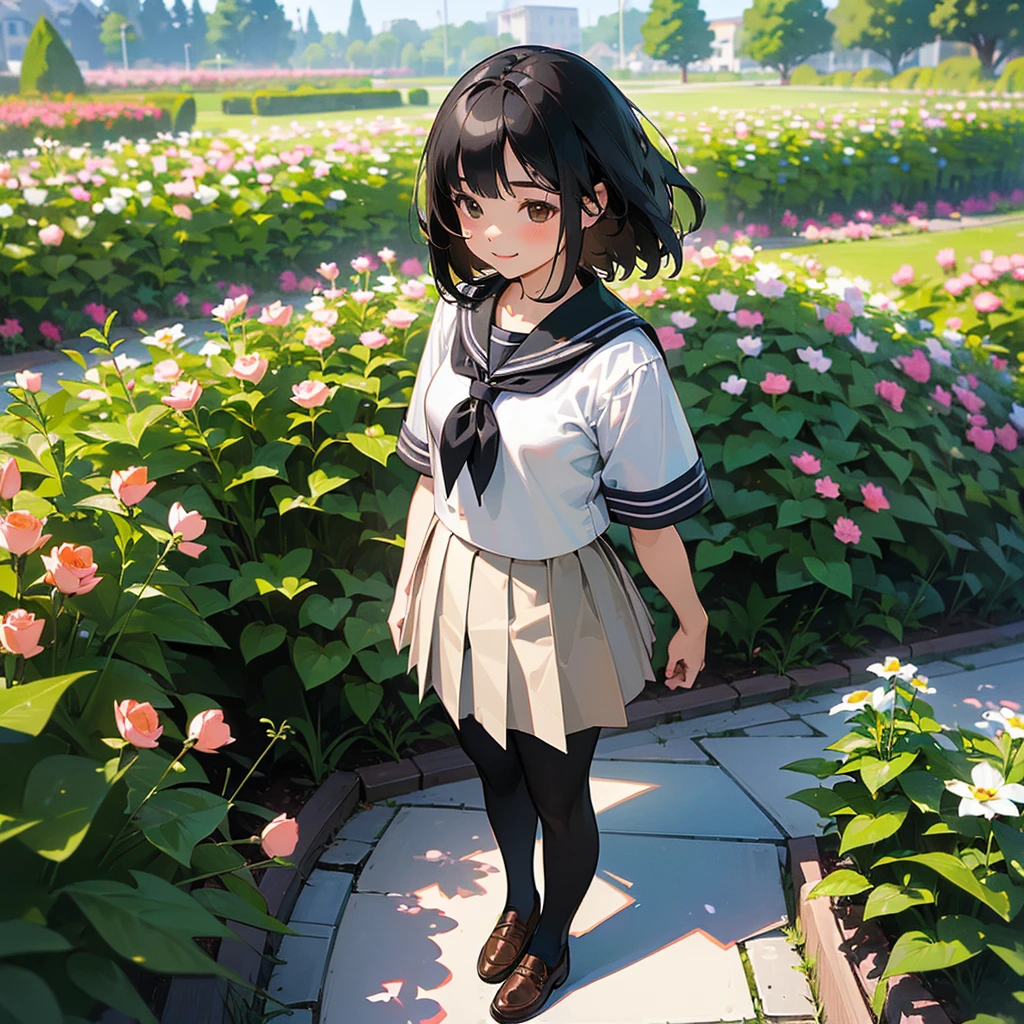 (Highest quality, High resolution, Very detailed, Realistic:1.37), Peaceful atmosphere, (Outdoor, garden),  girl standing alone, Beautiful and detailed features, Cute Smile, ((Black bob hair)),Short-sleeved sailor uniform, Pleated skirt,Black tights,Brown leather shoes.