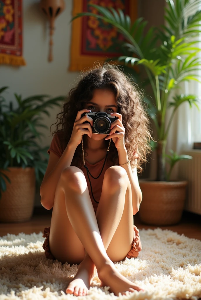 A brunette girl with curly hair and big breasts sits with her legs stretched out, taking a realistic photo