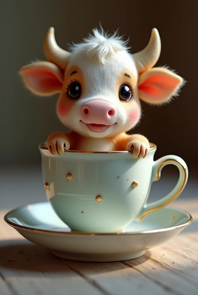 ((masterpiece,best quality,)),close up,side,A cute little cow placed in a teacup,y holding a teacup