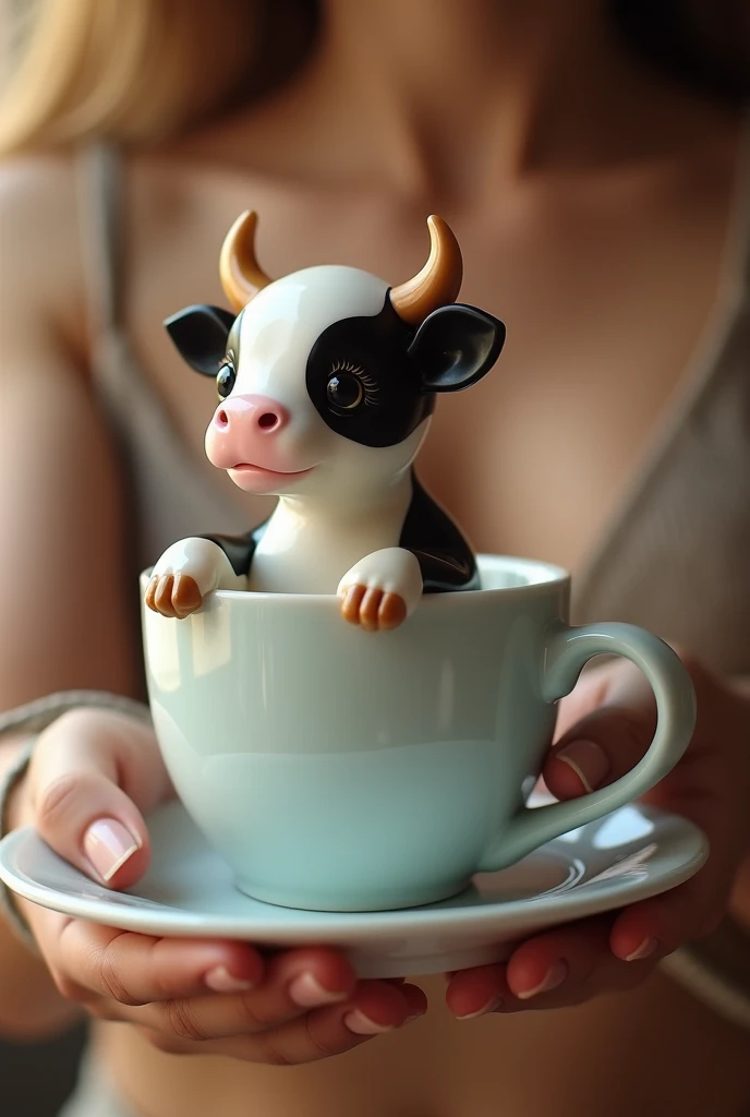 ((masterpiece,best quality,)),close up,side,A cute little cow placed in a teacup,Sexy holding a teacup