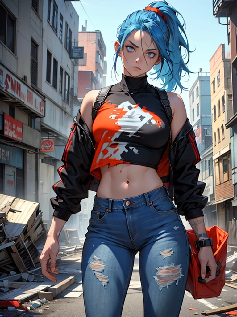 a girl with blue hair in a ponytail, blue eyes, stern look, commanding posture, wearing blue tight jeans and clothes in red, blue, white and gray, black colors, slightly reddish skin, standing in front of destroyed houses in New York with an orange and blue theme, a zombie wearing clothes of the same colors in the background